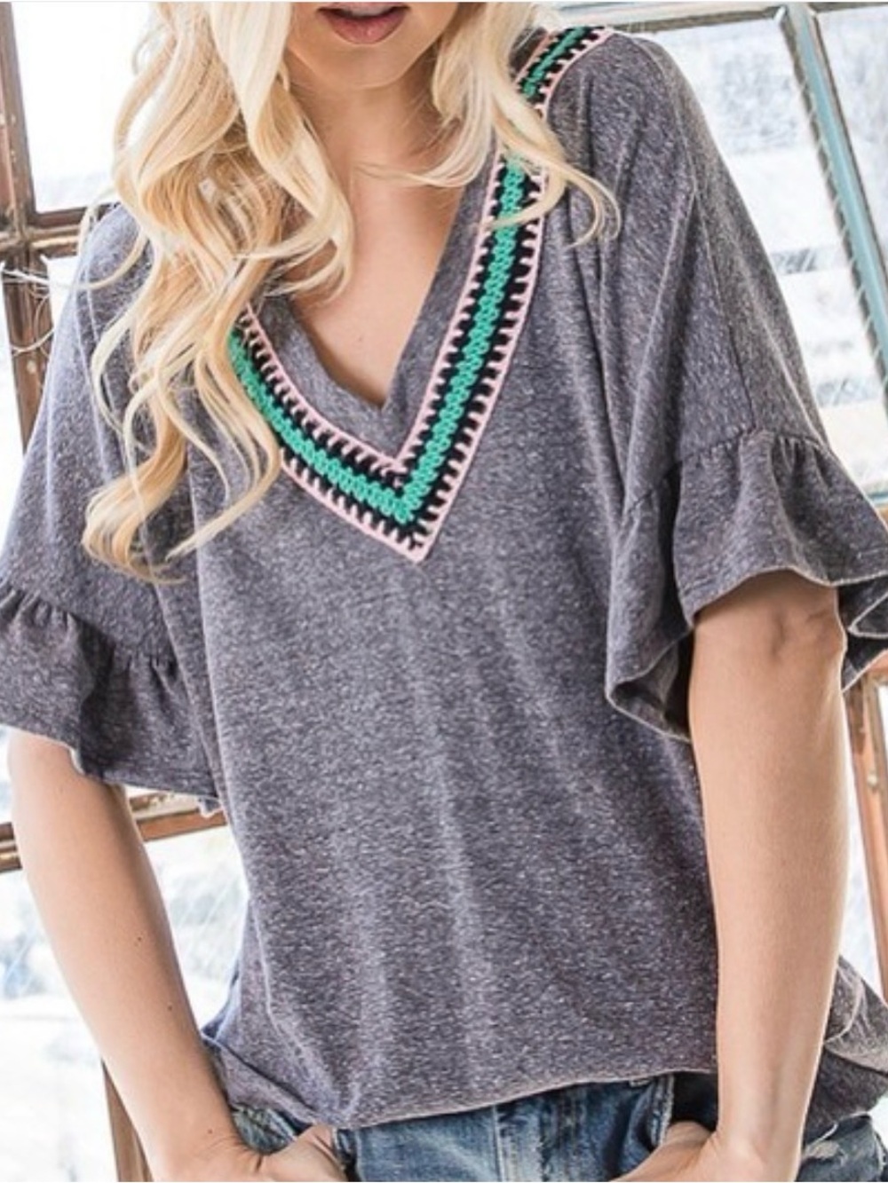 NWT. Heather Blue/Gray Ruffle Sleeve Top with Embroidered V-Neck